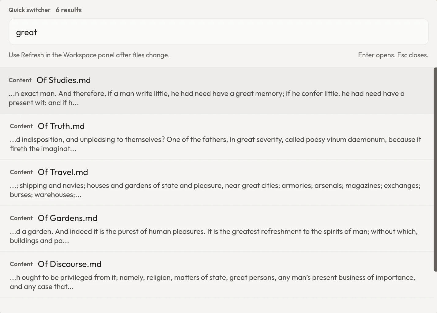The quick switcher searching a folder of essays for “great” and listing a matching passage from each of six files