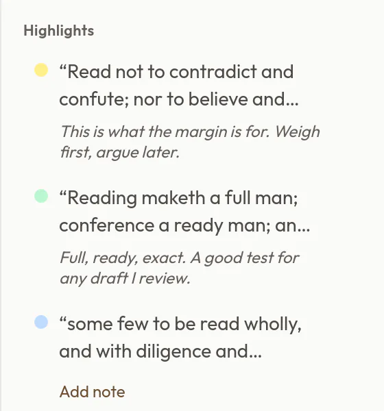 The Highlights & notes panel listing three highlights, two of them with notes