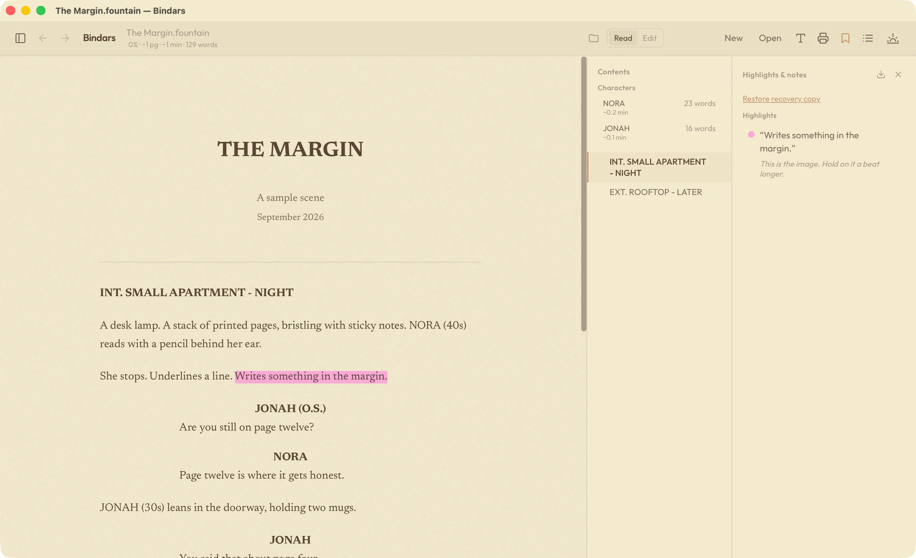 A screenplay formatted in Bindars, with a highlighted line, a note, a character list, and a scene list
